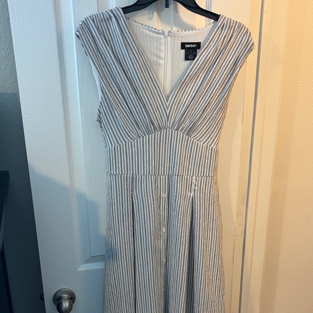 DKNY V-Neck Midi Dress - White and Blue Stripes